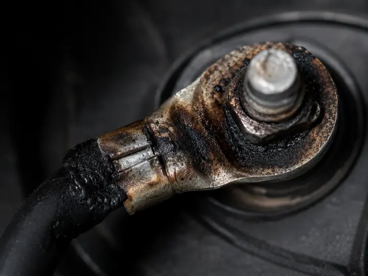 Compressor terminal lug showing heavy discoloration and scorch marks, a visible sign of terminal burn from a loose connection.