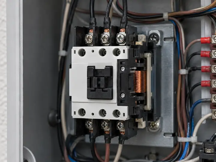 Electrical contactor relay inside an air conditioning control panel, the component that switches power to the compressor thousands of times a year.