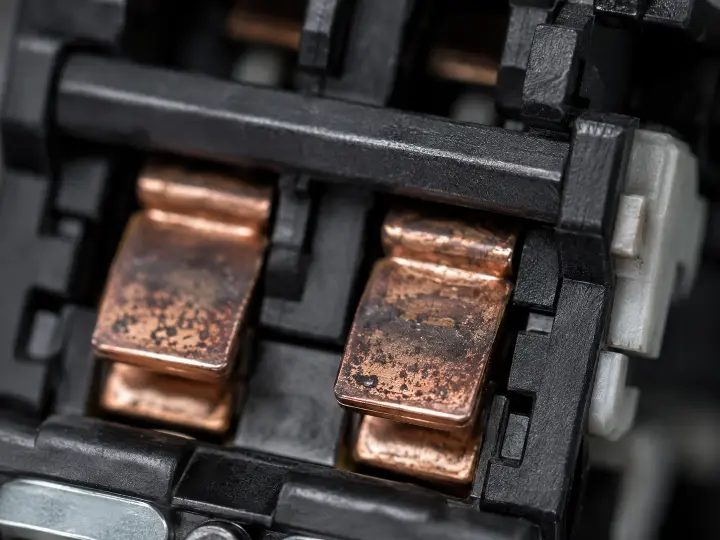 Close-up of a contactor's contact points showing visible discoloration and pitting, the kind of wear a quick visual pass can miss.