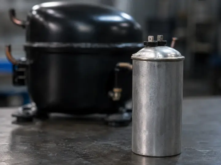 Small run capacitor with a bulged top sitting in front of a much larger compressor, illustrating how a minor part failure triggers major compressor damage.