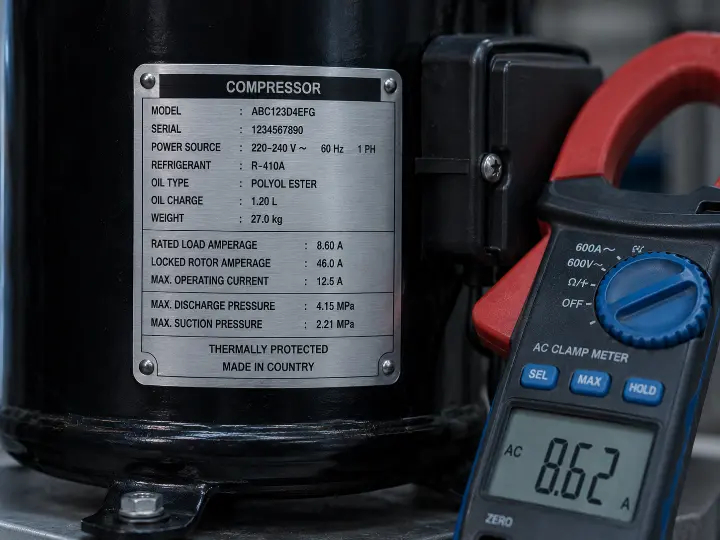 Compressor manufacturer nameplate showing rated amperage specifications next to a clamp meter reading, used to track amperage drift over time.