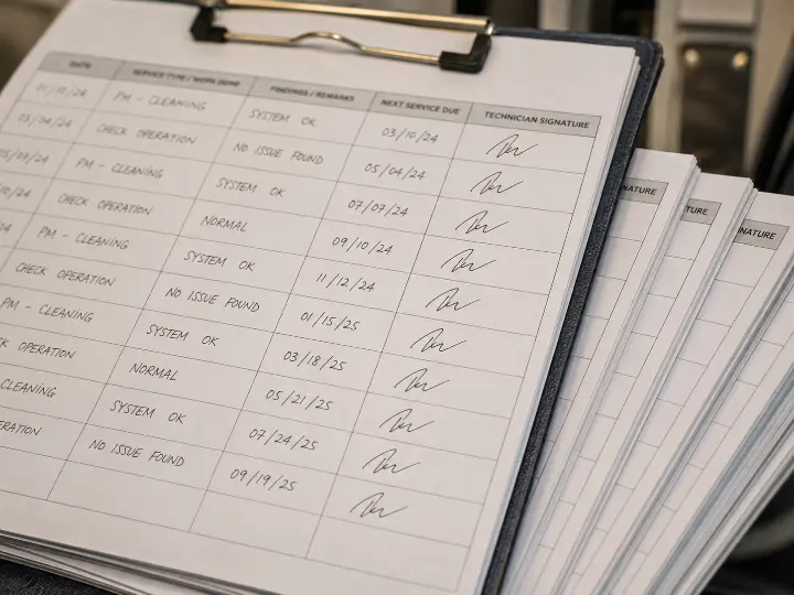 Service history log showing the same technician's signature across multiple visit dates, representing maintenance continuity.
