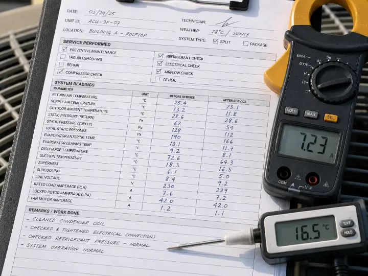HVAC service report form with numeric instrument readings logged alongside a clamp meter and thermometer, not just checkboxes.