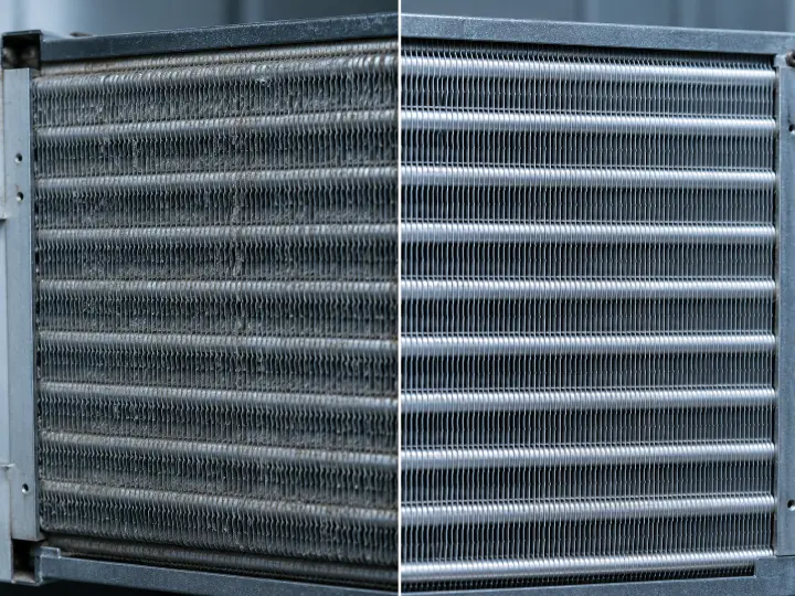Comparison of an air conditioning coil with a light surface rinse versus one cleaned to bare metal, showing the difference between a cosmetic cleaning and a real service visit.