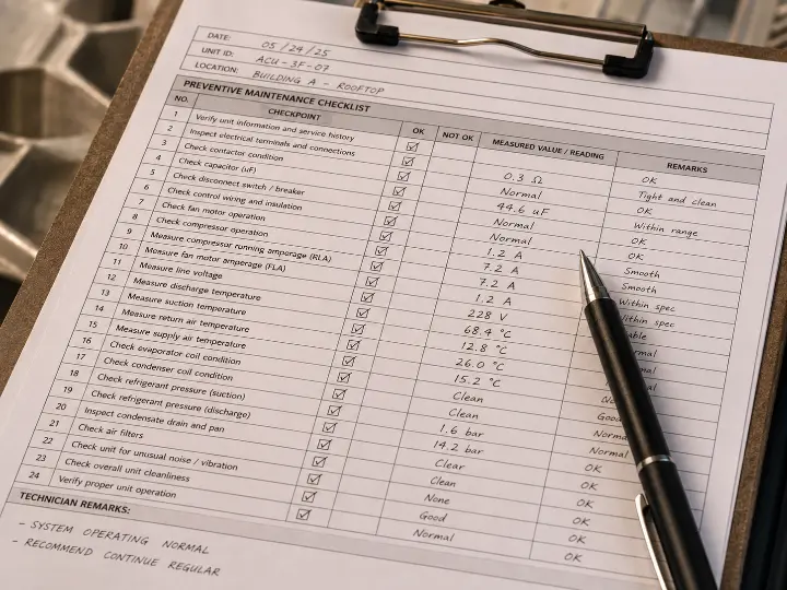 Detailed preventive maintenance checklist with itemized technical checkpoints and logged readings, not just generic pass/fail boxes.