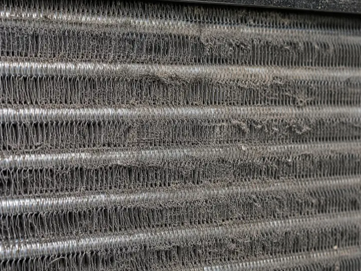Air conditioning evaporator coil visibly fouled with dust and grease buildup packed between the fins.