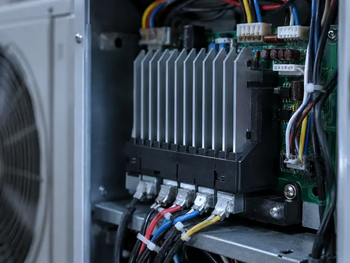 Close-up of an Intelligent Power Module (IPM) inside an air conditioning condenser unit, the component that drives and modulates compressor heat transfer.