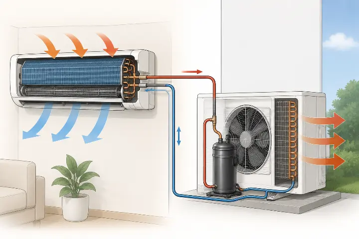 Diagram showing heat exchange between warm room air and cool air across the indoor evaporator and outdoor condenser coils in an air conditioning system.