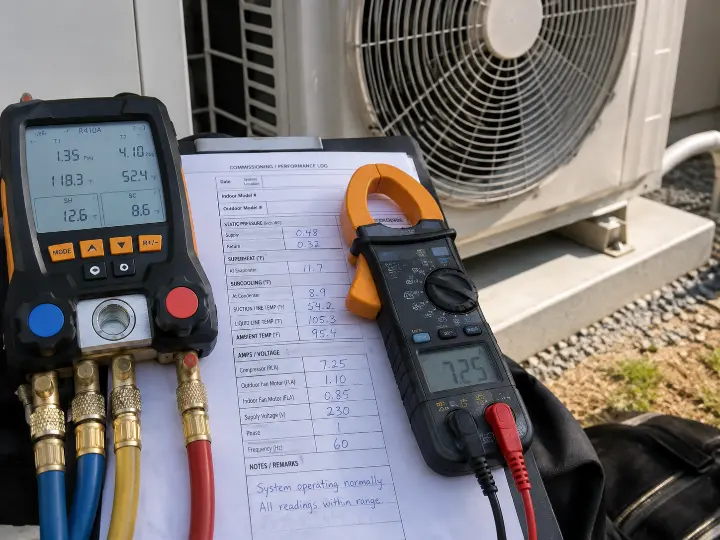 Digital gauge and clamp meter resting on a commissioning log sheet beside a newly installed condenser unit, representing baseline readings tracked from day one.