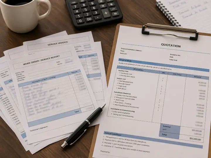 Stack of repair invoices next to a new unit replacement quote on a desk, representing the repair-versus-replace decision property owners face.