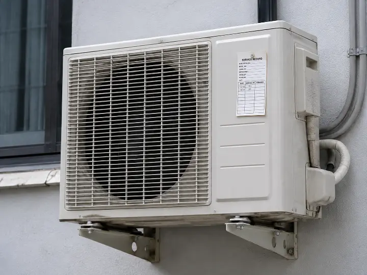 Well-maintained older outdoor split-type condenser unit with intact casing and clean coil fins, showing what a system looks like at fifteen years when properly serviced.