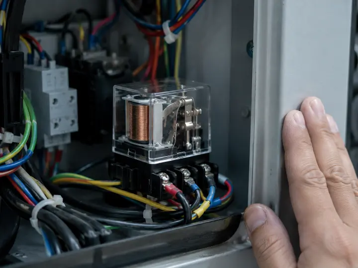 Small auxiliary relay inside an aircon control panel, the component whose coil and armature mechanism produces a chattering sound as it begins to fail.