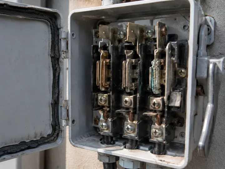 Inside an outdoor disconnect switch box showing corroded blade-and-clip contacts and a cracked door gasket, the entry point for moisture over years of outdoor exposure.