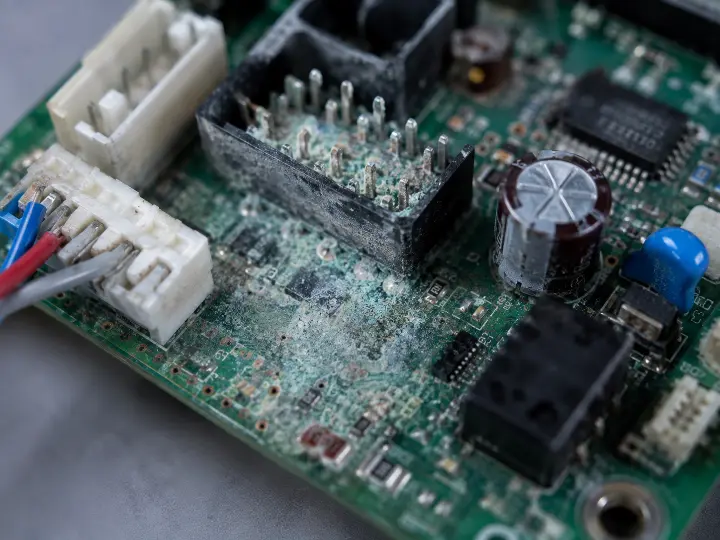 Control circuit board showing greenish-white powdery residue around solder joints and a faint surface haze, the visible sign of long-term condensation damage.