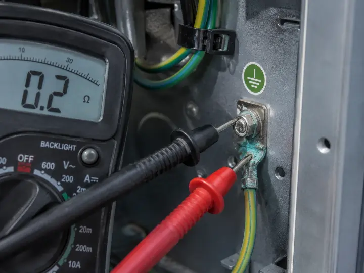 Multimeter probes testing a ground lug and bonding wire for continuity, checking for the green oxidation that can build up unnoticed over several seasons.