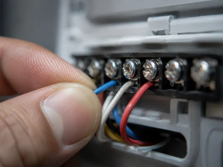 Technician gently testing a low-voltage control wire at a screw terminal to confirm it is seated properly, the check behind most no-fault-found service calls.